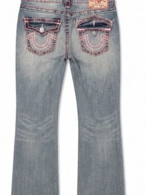 True Religion Light Blue Flare Jeans with Pink Stitching